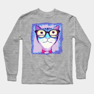 Distressed Cat with Funky Glasses Contemporary Illustration Long Sleeve T-Shirt